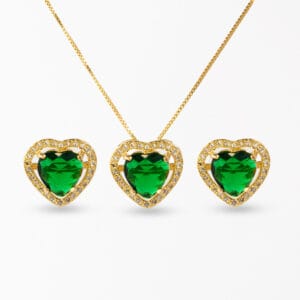 Conjunto Coração Luxo Banhado a Ouro 18k - Esmeralda