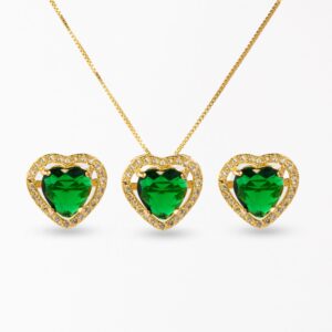 Conjunto Coração Luxo Banhado a Ouro 18k - Esmeralda