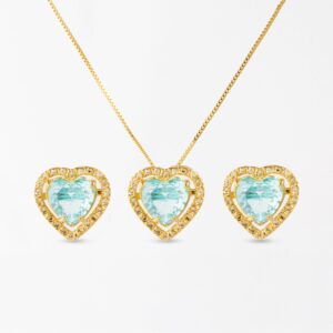 Conjunto Coração Luxo Banhado a Ouro 18k - Turmalina