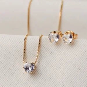 Conjunto Coração Cristal Banhado a Ouro 18k