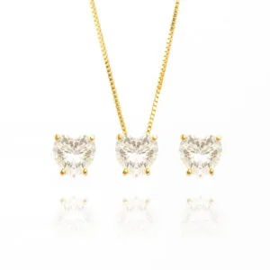 Conjunto Coração Cristal Banhado a Ouro 18k