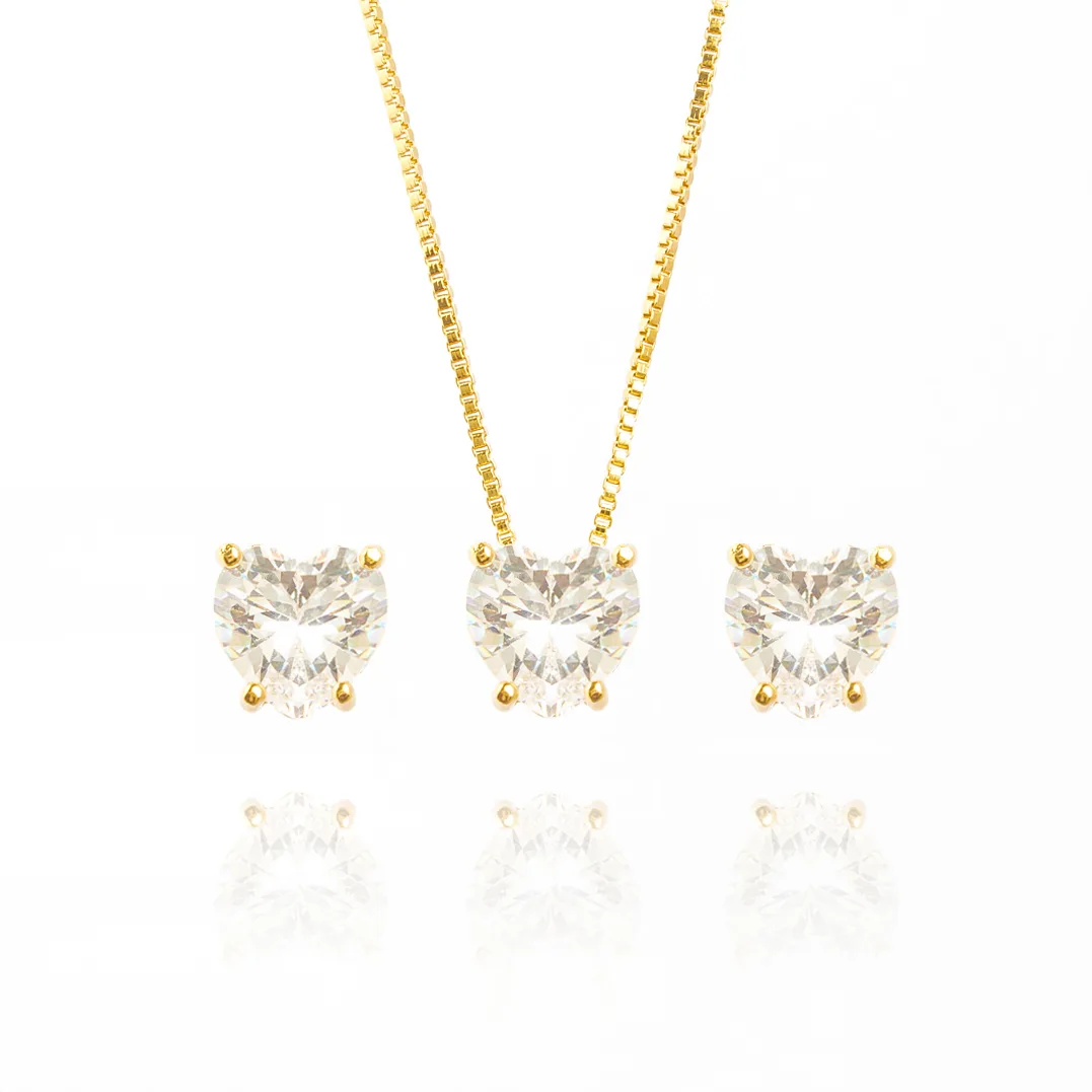 Conjunto Coração Cristal Banhado a Ouro 18k